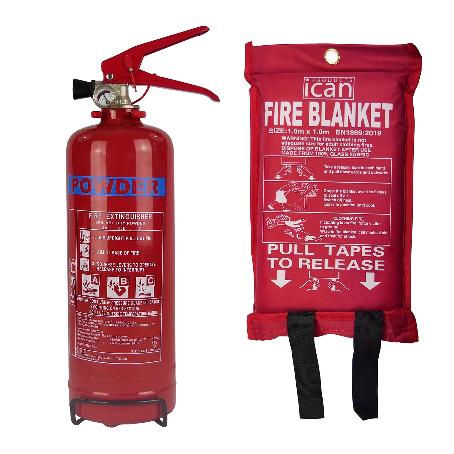 Home Safety 2kg Dry Powder Fire Extinguisher and 1.0M x 1.0M Soft Case Fire Blanket