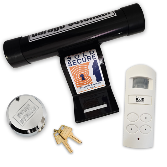 iCan Products MA20 Motion Sensor Alarm & Garage Defender Master Bundle, 130dB Wireless Security Alarm with Flashing Lights and Heavy-Duty Garage Padlock, Complete Security Solution for Garages