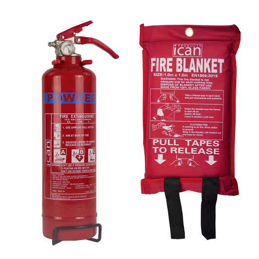 Home Safety 1kg Dry Powder Fire Extinguisher and 1.0M x 1.0M Soft Case Fire Blanket