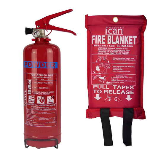 Home Safety 2kg Dry Powder Fire Extinguisher and 1.0M x 1.0M Soft Case Fire Blanket